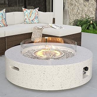Outdoor Propane Fire Pit Coffee Table w Terrazzo White 42 inch Round Base Patio Heater, Certified, 50,000 BTU Stainless Steel Burner, Wind Guard, Transparent Gray Fire Glass, Rain Cover