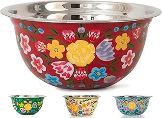 Spices home decor Large Hand Painted Stainless Steel Fruit Bowl - ative Floral Salad Mixing and Serving Bowl - Traditional Kashmiri Art for (Red)