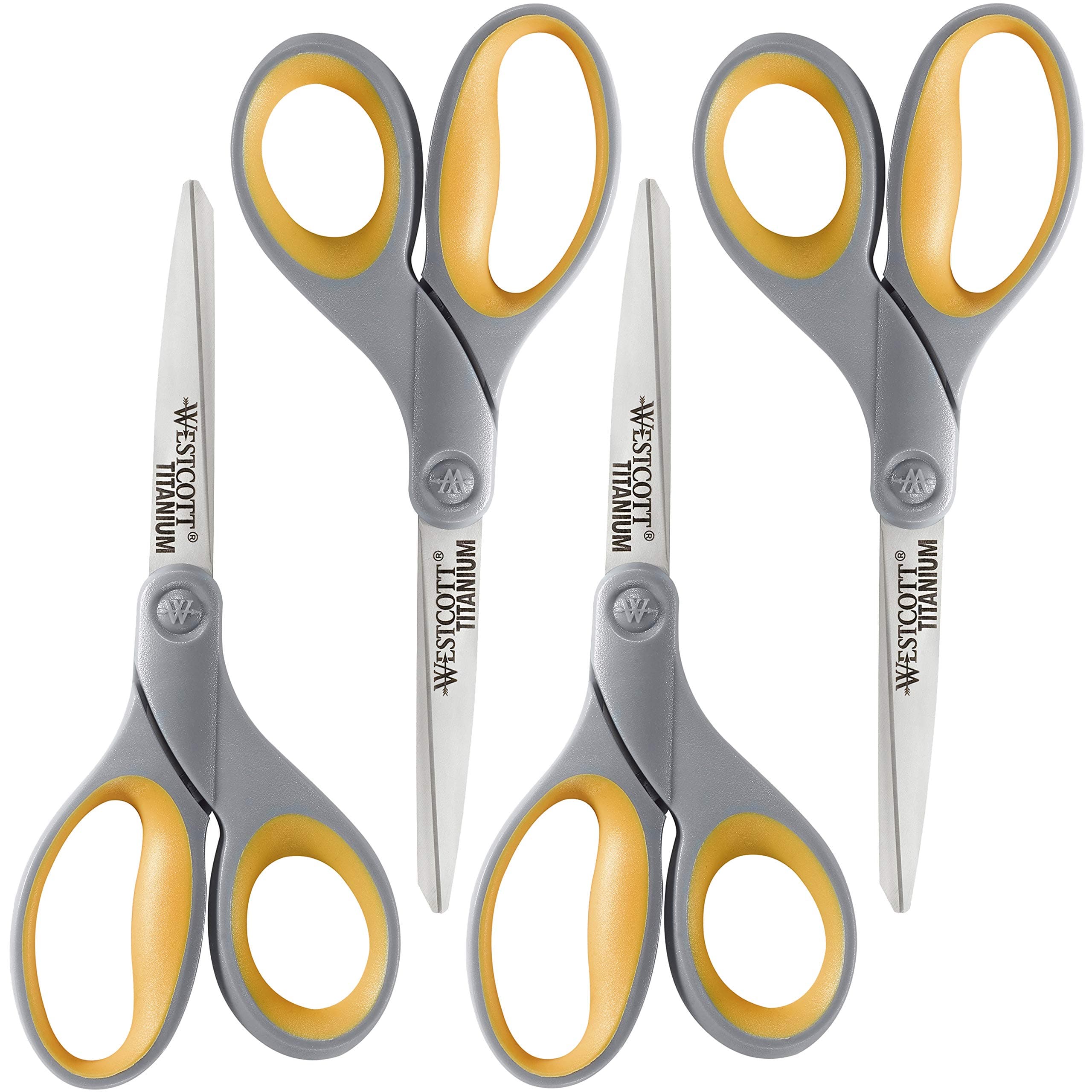 Westcott 8-Inch Titanium Bonded Scissors for Home, Office, and Classroom - Perfect for Cutting Paper, Sewing, and Crafts - Heavy-Duty Design with Soft Handle - Gray/Yellow - 4-Pack