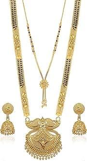 Brado Jewellery Traditional Gold Plated 30inch Long and 18inch short 2 Inch Earring Combo Of 2 Mangalsutra/Tanmaniya/nallapusalu/Black Beads For Women and Girls