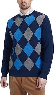 KallspinMen's Crewneck Argyle Knit Jumpers Wool Blend Long Sleeve Sweater Pullovers