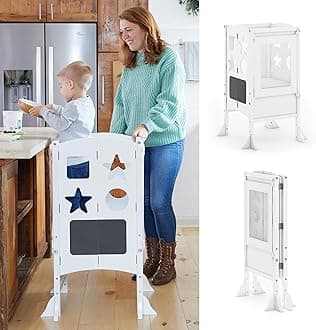 Classic Kitchen Helper® Stool - White with Keepers and Non-Slip Mat: Foldable, Adjustable Height Safety Cooking Tower for Toddlers with Chalkboard | Kids Learning Platform