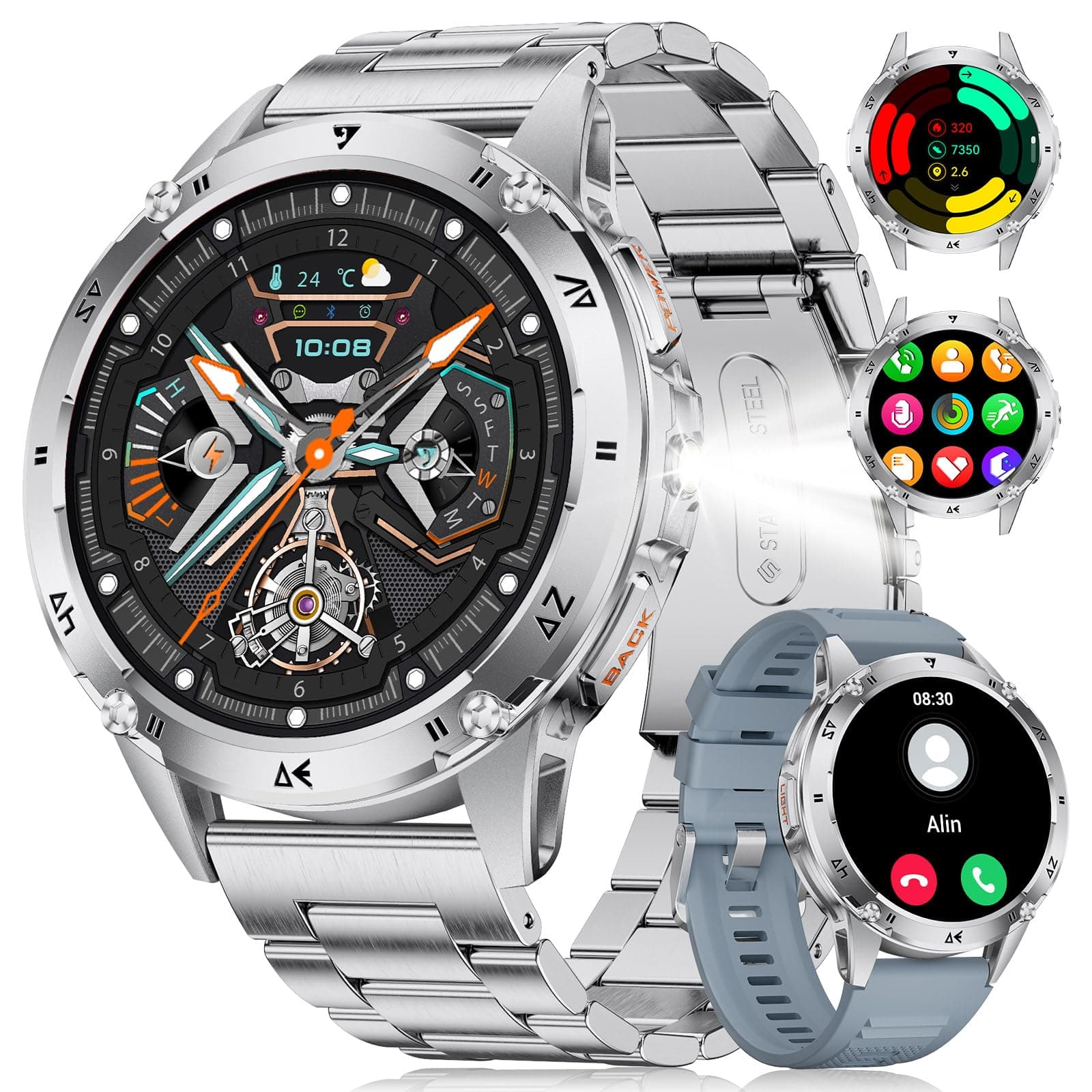 LIGE Smart Watch for Men (LED Flashlight), 1.43" AMOLED Pedometer Watch with 530mAh Battery, IP68 Waterproof, (Answer/Make Calls)/120+ Sports Modes/Heart Rate/Sleep Monitor, iOS Android Men's Watches