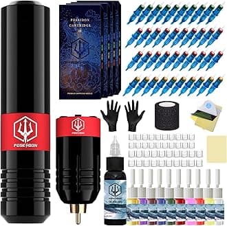 POSEIDON Rotary Tattoo Pen Kit for Beginners and Artists, Wireless Tattoo Machine Kit with Power Supply and 40 Pcs Tattoo Cartridge Needles(TK023)
