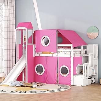 Merax Low Loft Bed Twin Size with Slide and Storage Stairs, Wood Loft Bed with Tent & Tower, for Boys & Girls, Pink