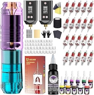 Tattoo Pen Kit Wireless Tattoo Kit Gun kit with 2Pcs 1500mAh Batteries 11Pcs Inks 20Pcs Finger Ledge Tattoo Cartridge Needles Complete Tattoo Supplies for Beginner
