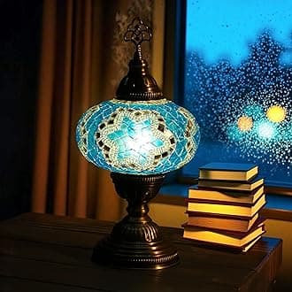 Mozaist Turkish Mosaic Table Lamp with Bulb – Handmade Turquoise Blue Stained Glass Bedside Light, Authentic Vintage Boho Decor with E12 Socket & US Plug