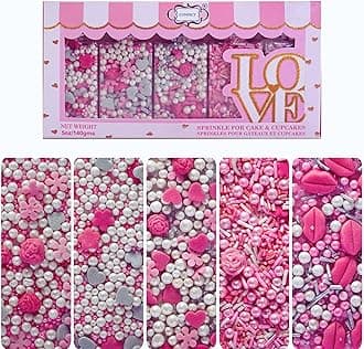 Cake & Cupcake Sprinkles | Love Sprinkles Mix Pink Mini Lips & Roses, Silver Hearts & Vermcelli and White Pearls | Anniversary Sprinkles | Edible sprinkles Mix Pack of 5 (5 Oz)