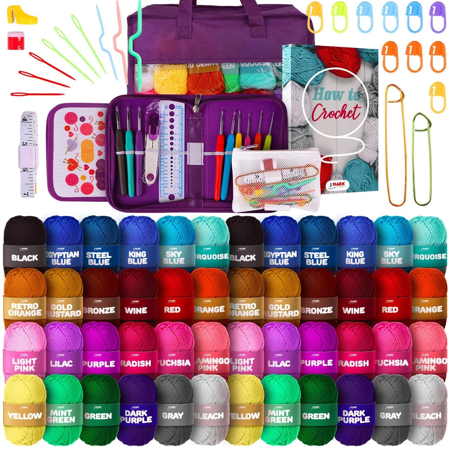 J MARK Premium Crochet Kit -Includes 2,640 Yards of Acrylic Yarn for Crocheting Complete Crochet Set