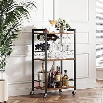 Bar Cart, Home Bar Serving Cart, Small Wine Cart with 3-Tier Shelf, Beverage cart, Drink Cart with Wine Rack, Glass Holder, Rolling bar carts for The Home, Living Room, Brown BC01BB035