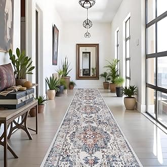 Washable 3x18 Hallway Runner Rug: Vintage Low Pile Soft Kitchen Entry Runner Long Non-Shedding Distressed Carpet for Living Room Dining Room Non Slip Thin Floor Mat for Bathroom Bedroom (3X18, Brick)