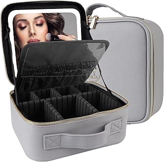 MOMIRA Travel Makeup Bag Cosmetic Bag Makeup Organizer Bag with Lighted Mirror, Adjustable Brightness in 3 Color Scenarios, Waterproof Makeup Train Case, Gift for Women - Grayish