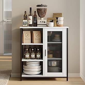 LVSOMT Mini Coffee Bar Cabinet with Storage, 27.5'' Small Kitchen Bar Table, Cute Corner Bar Cabinet for Tea, Buffet Sideboard Cabinet for Dining Room, Farmhouse Coffee Station for Wine (Pure White)