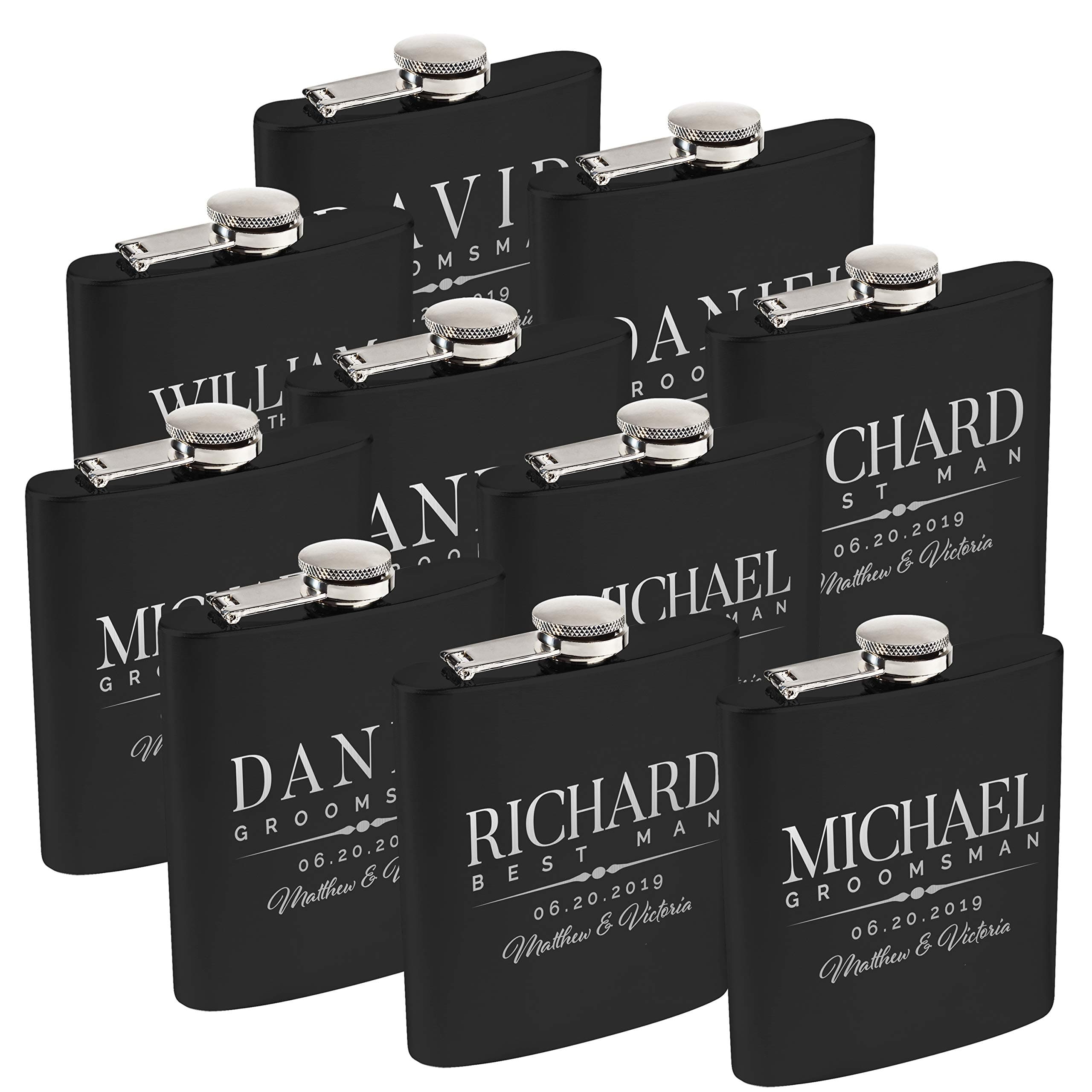 Personalized Flask For Wedding Groomsmen Gift, Customized Flask Set FREE Personalization - Laser Engraved - Design -5 (Black, 10)