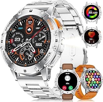 Military Smart Watch for Men with Flashlight,530mAH Outdoor Sport Fitness Tracker Watch,1.43" HD Smartwatch for Android iOS with Heart Rate Blood Pressure Monitor Silver 3 Straps