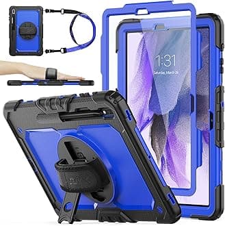 SEYMAC stock Case for Samsung Galaxy Tab S7 FE / S8 Plus 5G Case 12.4'' with Screen Protector Pencil Holder [360 Rotating Hand Strap] &Stand, Drop-Proof, Blue/Black