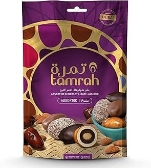 Tamrah Assorted Chocolate Caramel, Milk, Dark, and Coconut | Premium Pure Chocolates with Crunchy Almonds Stuffed Inside Succulent Dates, Perfect for Birthdays and Special Occasions – 600g Zipper Bag