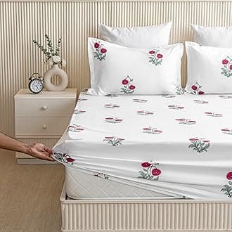 HOMEMONDE 210TC Soft Cotton All Around Elastic Fitted Bedsheet Queen Size 72 x 72 Inches Floral Printed Fitted Sheet with 2 Pillow Covers, Red Rose