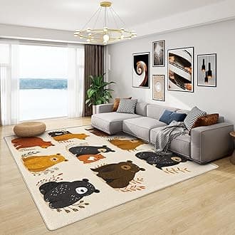 Bear Rug Nursery - Woodland Animal Rug, Kids Rugs for Living Room Bedroom, Washable Non Slip Soft Large Carpet, Patterned Area Rugs & Home Decor 140x200 cm