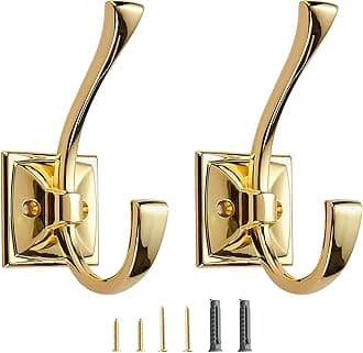 2 Pack Decorative Heavy Duty Towel Hooks for Hanging Robe Double Polished Brass Coat Hooks Wall Mounted with Screws for Key, Towel, Bags, Cup, Hat