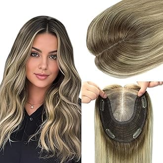 Hair Toppers for Women Real Human Hair, 6x7 inch Larger Silk Base 150 Density 55 grams 12inch Walnut Brown to Ash Brown and Golden Blonde Wiglet Top Pieces Add Volume（#3822 12inch）