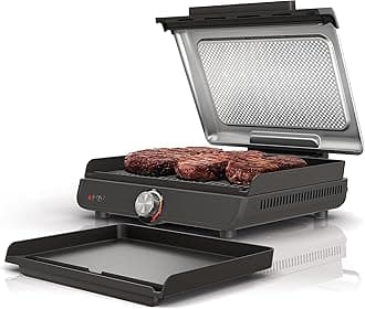 Griddle and Indoor Grill, 14’’, Electric Grill, For Steak, Burgers, Salmon, Veggies, and More, Pancake Griddle, Nonstick, Dishwasher Safe, 500F, Even Cooking, Silver, GR101
