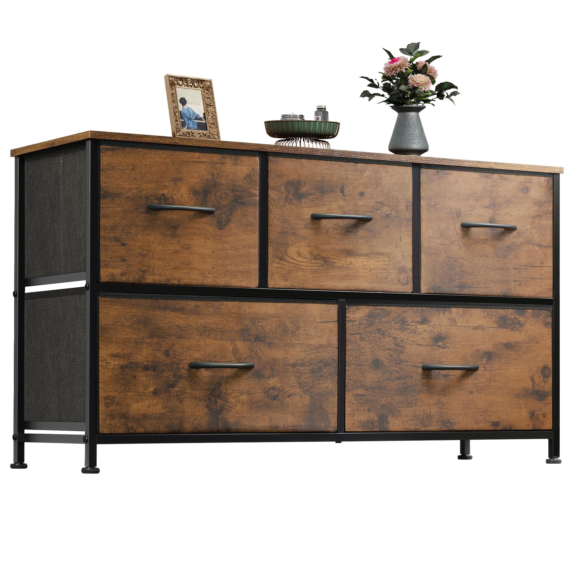 WLIVE Dresser for Bedroom with 5 Drawers, Wide Chest of Drawers, Fabric Dresser, Storage Organizer Unit with Fabric Bins for Closet, Living Room, Hallway, Rustic Brown Wood Grain Print
