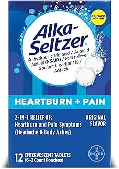 Heartburn + Pain Effervescent Aspirin + Antacid Tablets, Fast Heartburn Relief and Acid Indigestion Relief, Pain Relief with Aspirin, 12 Ct
