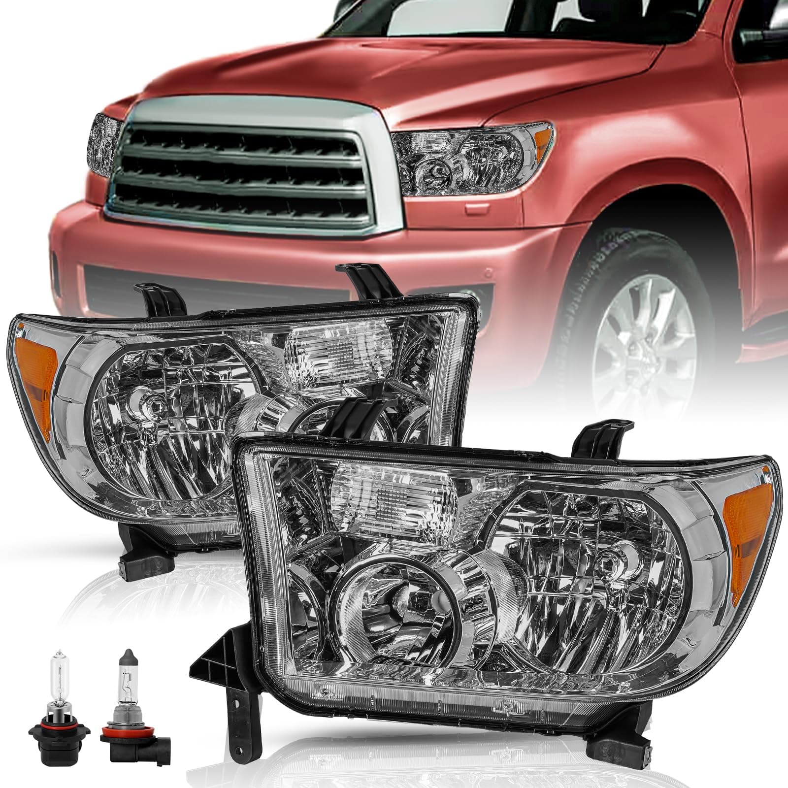 Headlight Assembly Replacement for 2007 2008 2009 2010 2011 2012 2013 Tundra / 2008-2017 Sequoia Driver and Passenger Side Amber Reflector with Smoke Lens with Bulbs