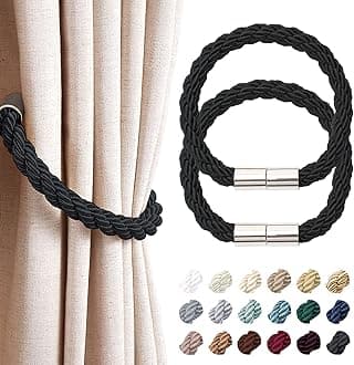2 Pack Strong Magnetic Curtain Tiebacks Modern Simple Style Drape Tie Backs Convenient Decorative Weave Rope Curtain Holdbacks for Thin or Thick Home & Office Window Draperies (Black)