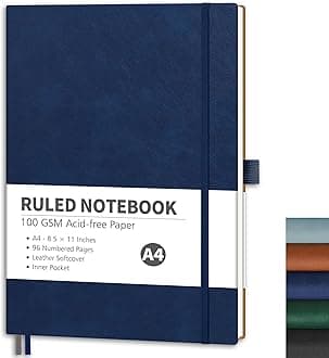 RETTACY Lined Journal Notebook, 96 Numbered Pages, A4 Large Size (8.5'' x 11''), for Men & Women, Journaling, Writing, Work & Office, Leather Softcover, 100 GSM Thick Paper (Navy Blue)