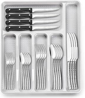 49-Piece Hammered Silverware Set with Organizer, Food-Grade Stainless Steel Flatware for 8, Cutlery Utensil Sets with Steak Knives, Rust-proof, Mirror Polished, Dishwasher Safe, Wave Hammered