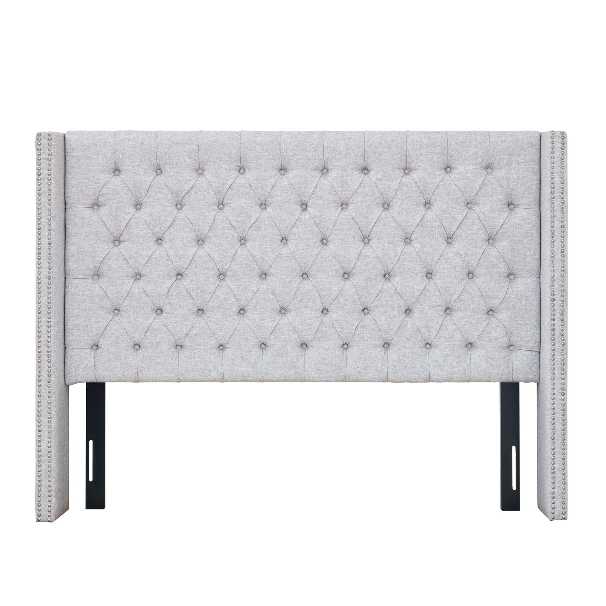 Queen Button Tufted Headboard, Adjustable Upholstered Transitional Wingback Headboard, Nailhead Trim, Wooden Frame, Black Metal Legs, Flush Flat Back, Vintage Bedroom Décor Amelia - Grey