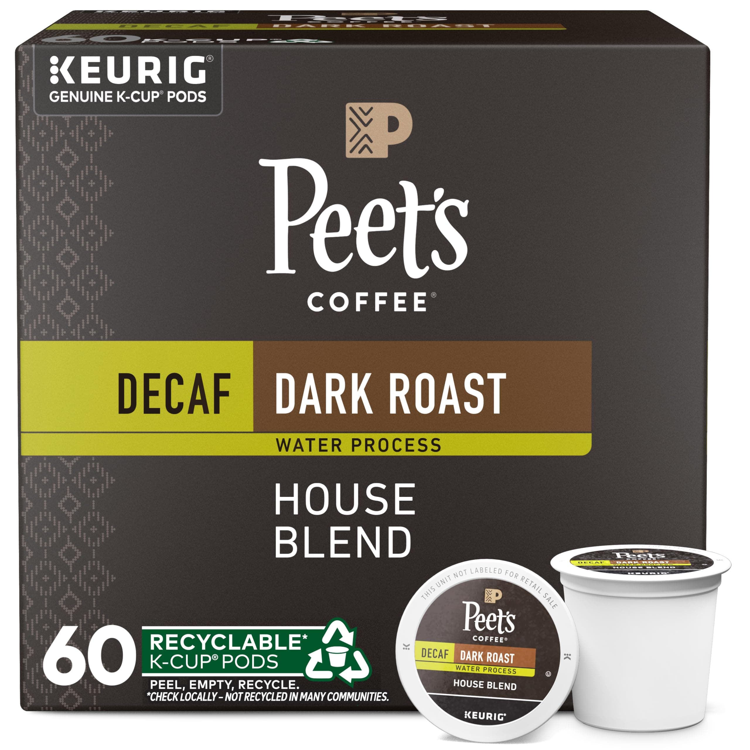 Dark Roast Decaf Keurig K-Cup Pods, Decaffeinated Arabica Coffee - Decaf House Blend 60 Count (6 Boxes of 10 K-Cup Pods)