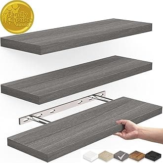 BAYKA Floating Shelves, Wall Mounted Rustic Wood Shelves for Bathroom, Bedroom, Living Room, Kitchen,Small Hanging Shelf for Books/Storage/Room Decor with 22lbs Capacity (Grey, Set of 3, 16in)