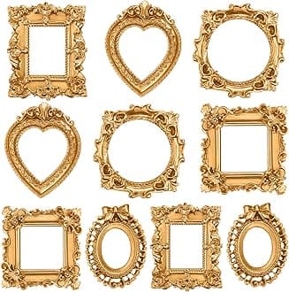 Vicenpal 10 Pcs Vintage Resin Picture Frame Antique Mini Resin Jewelry Display Photography DIY Small Photo Frame for Photo Home Decoration (Gold)