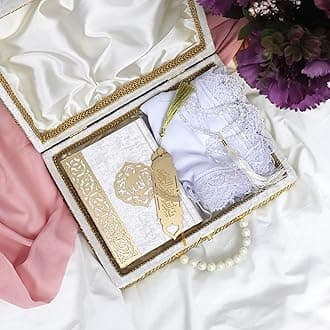Modefa Islamic Luxury Pearl Islamic Gift Set - Holy Quran in Arabic - Velvet Box with Quran, Hijab, Tesbih, & Bookmark (White)