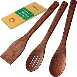 Riveira Teak Wooden Spoons for Cooking Set of 3 – Natural Teak Wooden Cooking Utensils, Wooden Spatula, Wooden Spoon - Premium Quality Wooden Utensil Set for Non-Toxic Cooking