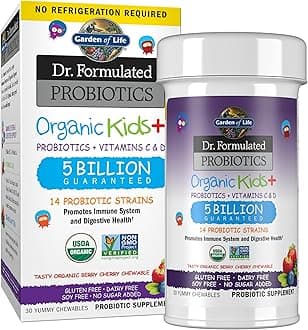 Dr. Formulated Probiotics Organic Kids+ Plus Vitamin C & D - Berry Cherry - Gluten, Dairy & Soy Free Immune & Digestive Health Supplement, No Added Sugar, 30 Chewables (Shelf Stable)
