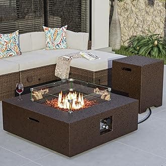 COSIEST Outdoor Propane Fire Pit Coffee Table w Square Faux Stone 35-inch Base, Certified, 50,000 BTU Stainless Steel Burner, Free Lava Rocks and Rain Cover, Wind Guard, Tank Cover, Brown