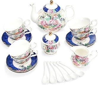fanquare 21-Piece Blue Lace Porcelain Tea Set, China Coffee Cup and Saucer Set for 6, Pink Flower Tea Sets for Adults Women