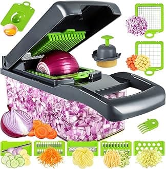 MAIPOR Vegetable Chopper Pro Onion Chopper Multifunctional 13 in 1 Food Chopper Kitchen Vegetable Slicer Dicer Cutter Vegetable Chopper 8 Blades Carrot and Garlic Chopper with Container, Grey
