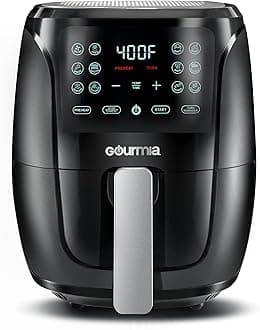 GourmiaAir Fryer Oven Digital Display 4 Quart Large AirFryer Cooker 12 1-Touch Cooking Presets, Black and Stainless Steel Accents Fry Force GAF486