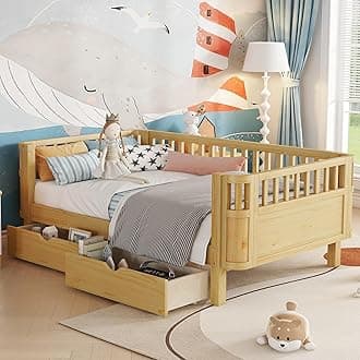 Twin Size Kids Bed Frame, Low Profile Montessori Twin Bed with Rails, Wood Daybed with Storage Drawer for Girls & Boys, No Spring Box Required, No Squeaks, Natural