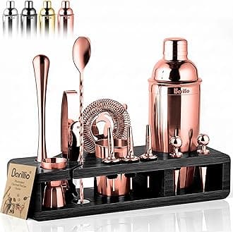 Barillio Rose Gold Bartender Kit - Stainless-Steel Cocktail Shaker Set w/Black Bamboo Stand - Mixology Bar Tools w/Drink Shaker, Mixer, Muddler for Cocktails - Home Bar Accessories - 23-Pc Bar Set