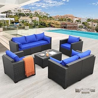 Rattaner Outdoor Wicker Furniture Set 5 Pieces Patio Sectional Sofa Couch Set with Storage Table Royal Blue Anti-Slip Cushions Furniture Covers