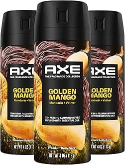 AXE Fine Fragrance Collection Premium Deodorant Body Spray for Men Golden Mango 3 Count With 72H Odor Protection and Freshness Infused with Mango, Mandarin, and Vetiver Essential Oils 4 oz