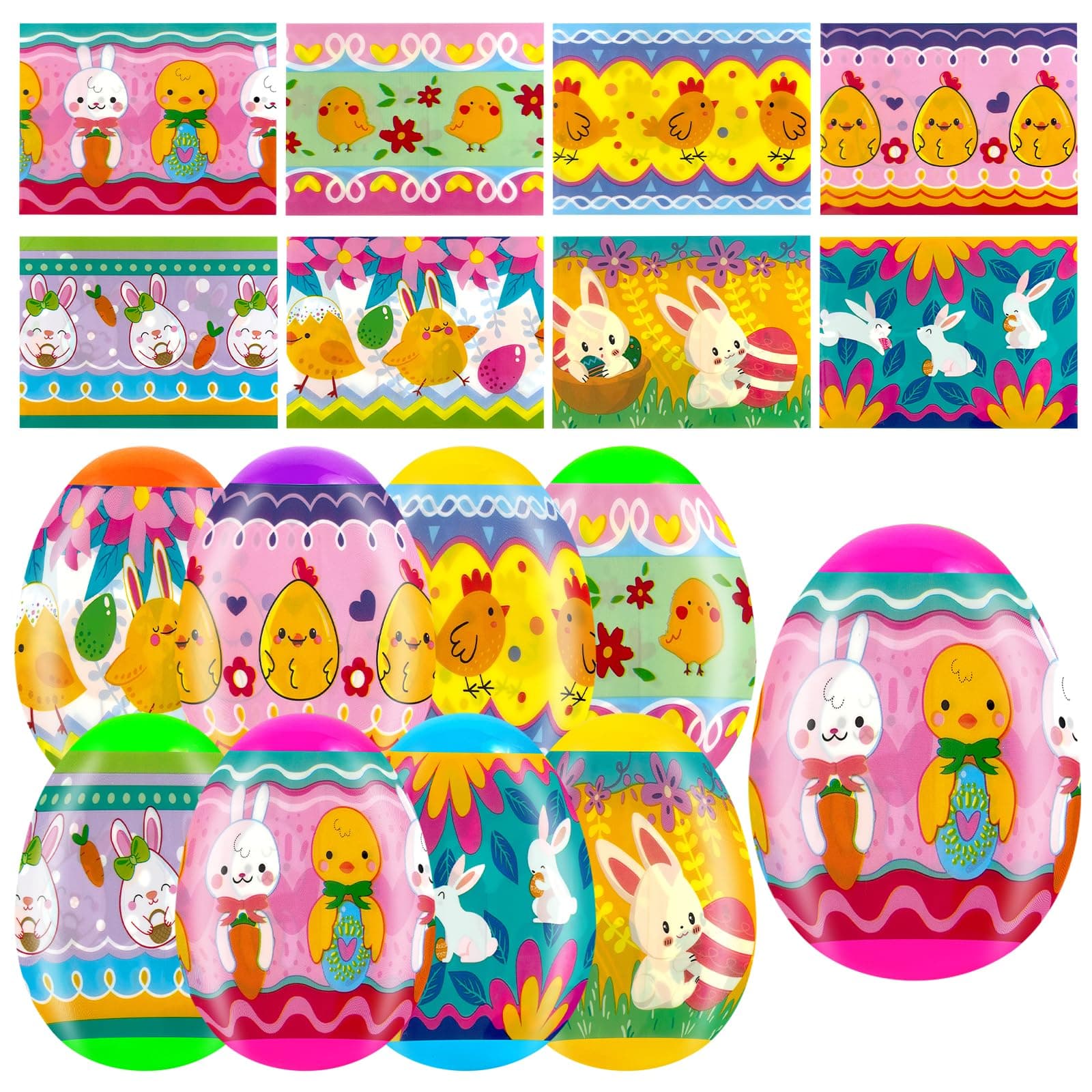 50 Pcs Easter Egg Wrapper Luminous Film Shrink Wraps for 2.4in Easter Egg Arounds Cute Chicken Bunny Sleeves Decorations