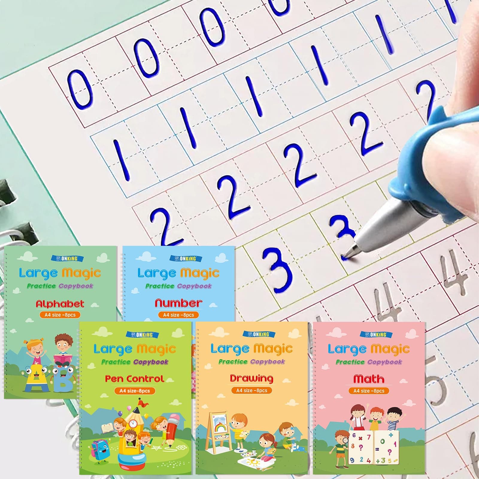 Monking Large Magic Practice Copybook for Kids,Handwriting Grooved Practice Book 5 Pack with Pen Refill English Cursive Calligraphy Reusable Age 3-8