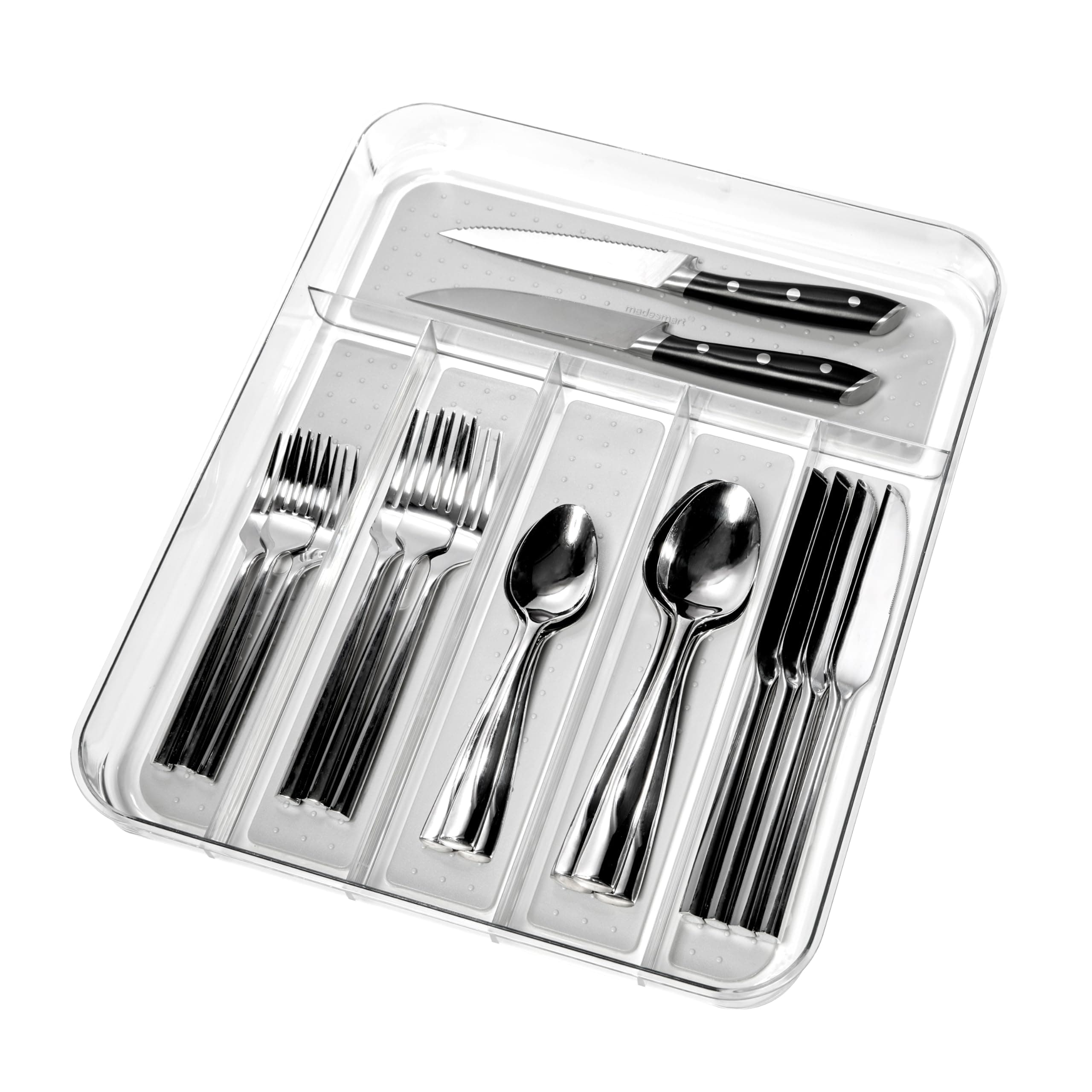 Premium Clear Silverware Tray, 6 Compartment Flatware Organizer for Forks, Knives & Spoons, Soft Grip Lining & Non Slip Base, Grey